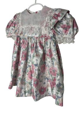 Peaches n Cream Girls 2T Pink Floral Puff Sleeve Dress Boho Lace Easter